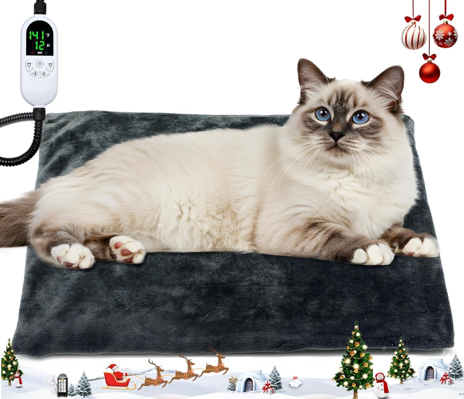 Pet Heating Pad Indoor 18"x18", Heated Dog Cat Bed with 12 Temp Settings & Timer, Waterproof Outdoor Heated Mat for Feral Cats, Chew Resistant Cord, Machine Washable Cover