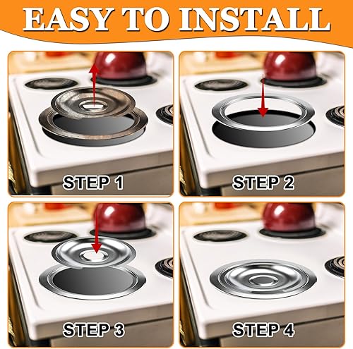 Miniatura 7 de 1 quemador de estufa eléctrica WB32X10013 (8 pulgadas), 3 bandejas de goteo cromadas para estufa eléctrica con 4 anillos de ajuste para quemador de