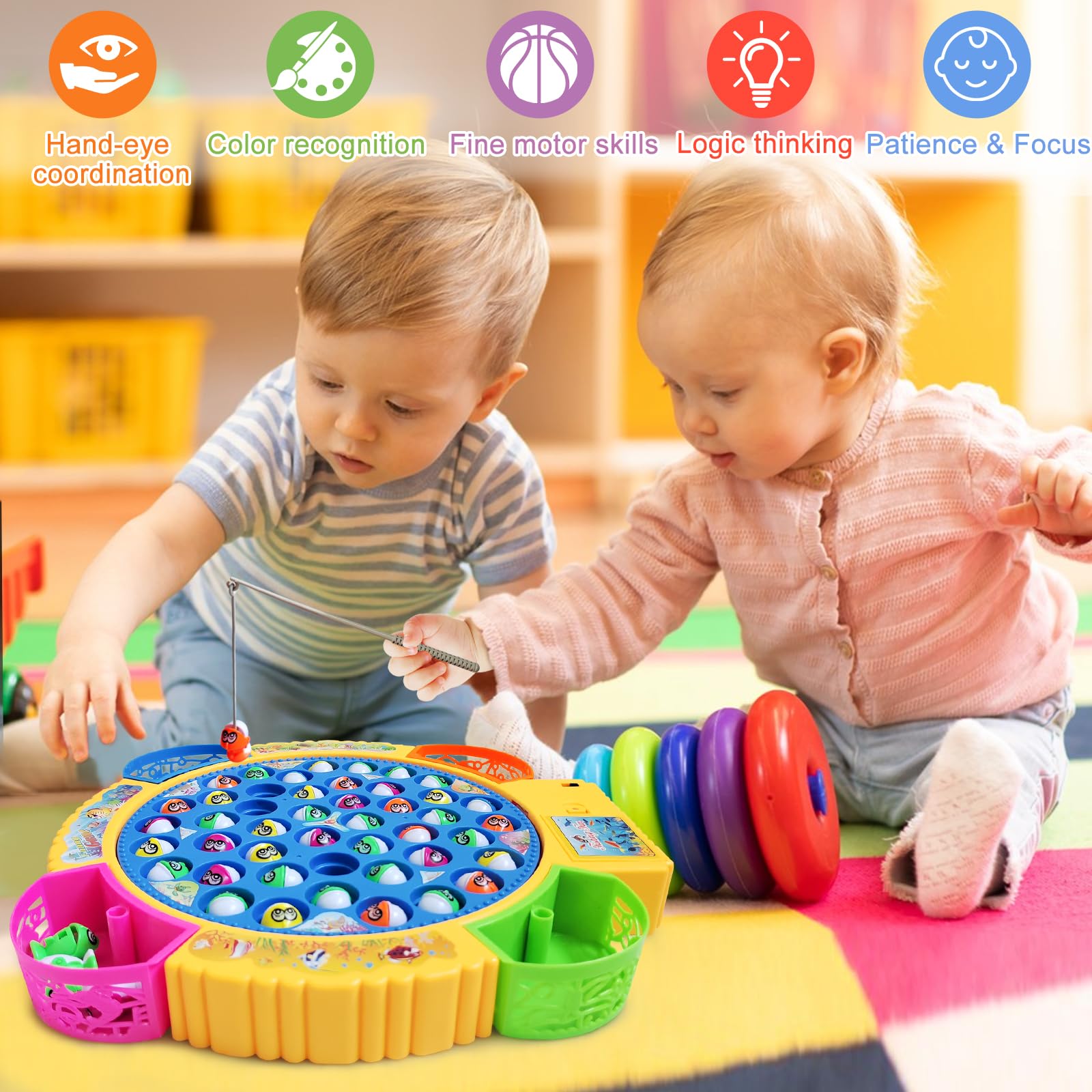 Gioco Musicale di Pesca con 45 Pesciolini e 4 Canna, Magnetico Giocattolo Educativo e Stimolante - Regali per Bambini e Bambine di 2 3 4 5 6 Anni