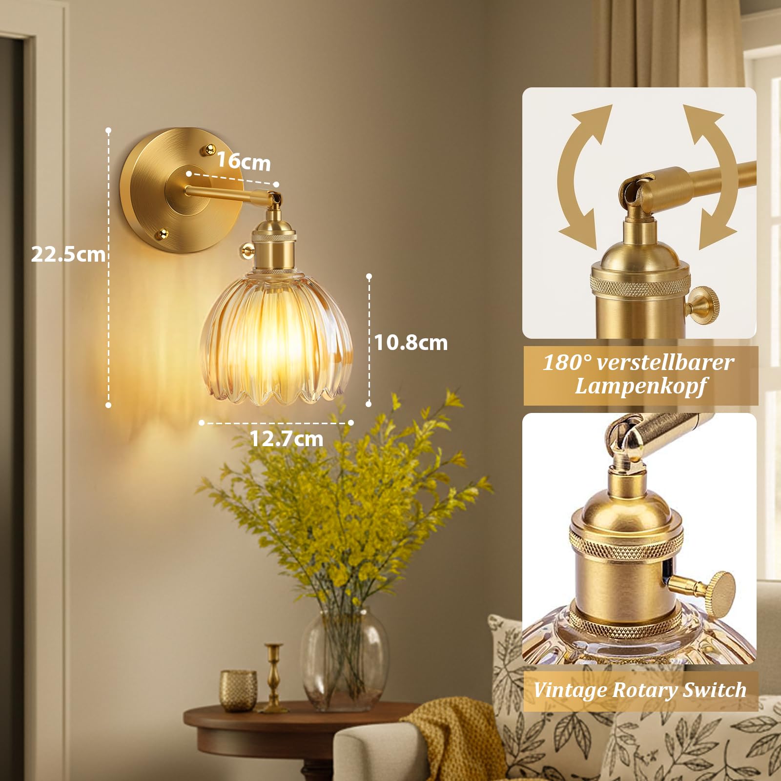 Akku Wandleuchte Innen 4000mAh Retro 2 Stück, Gold LED Wandlampe ohne Stromanschluss mit Glas Tulpe Schirm, Dimmbar & RGB Speicherfunktion Timer Fernbedienung für Schlafzimmer Flur Wohnzimmer