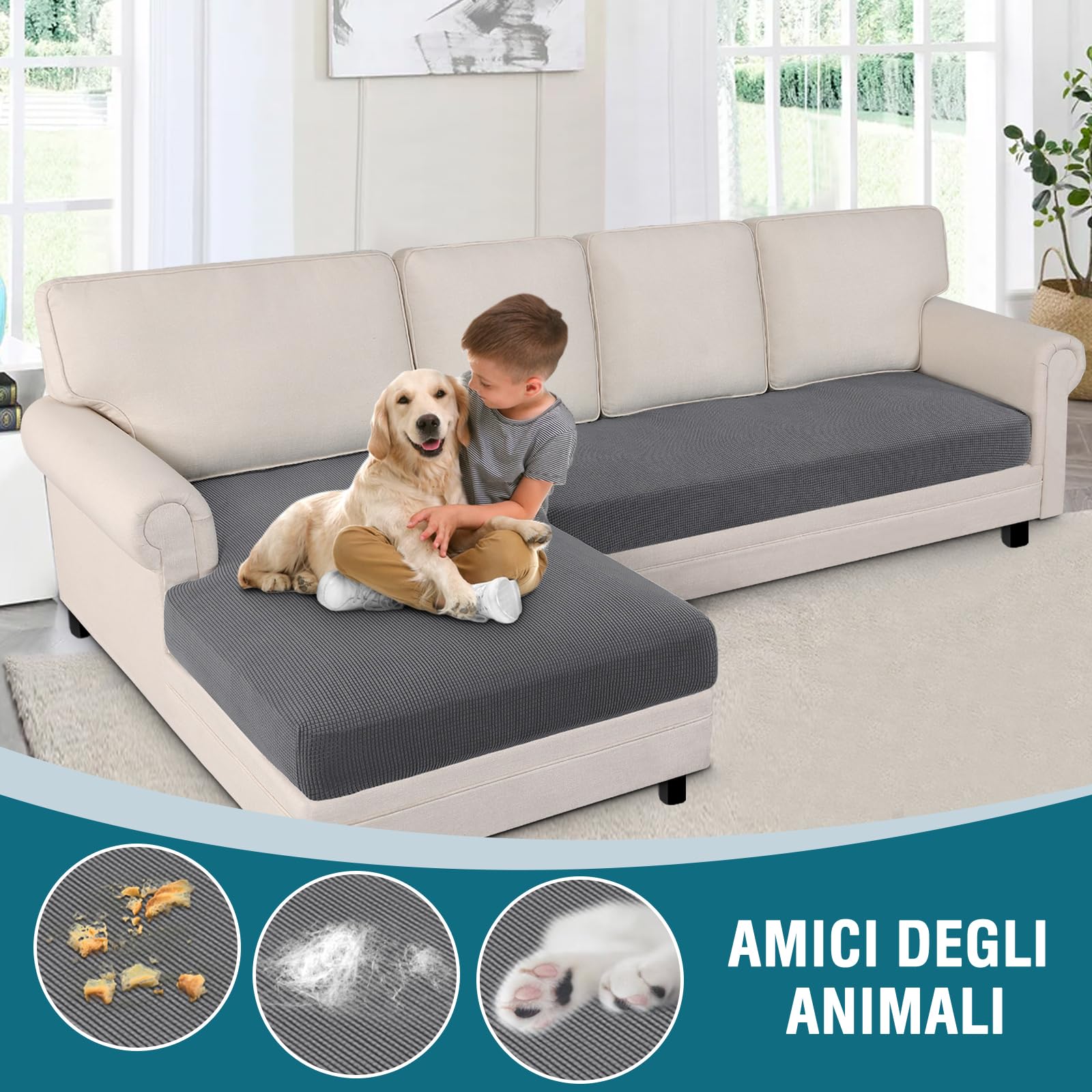 BellaHills Copridivano 3 Posti con Penisola, Copridivano Penisola Destra/Sinistra Universale Copri Divano, Copridivano Impermeabile Antigraffio (3 Posto + Chaiselongue, Grigio)
