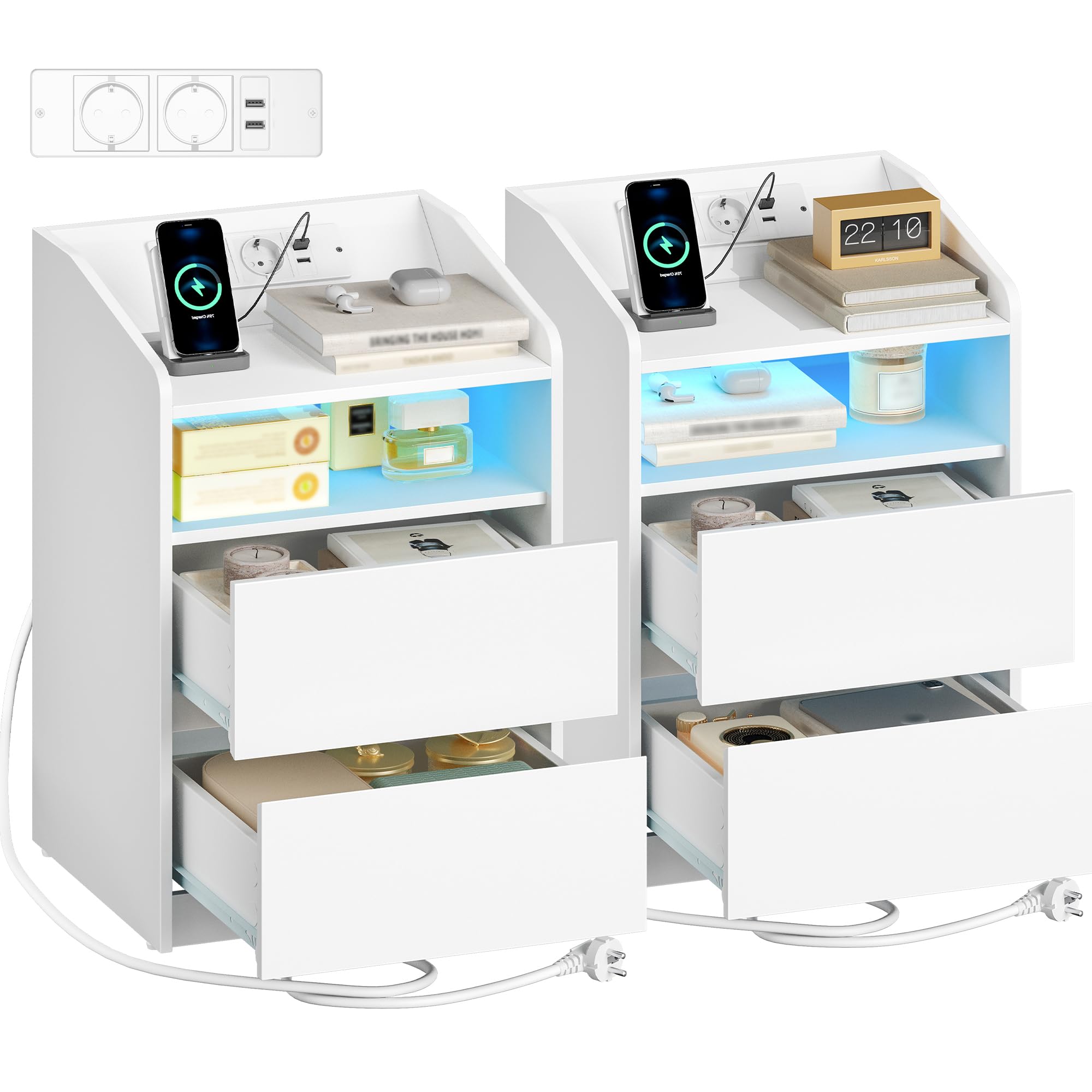 Hzuaneri Comodino Set di 2, 2 Cassetti, Luce LED, Presa Elettrica, Bianco | 1 Vano Aperto, Comodini Camera da Letto, 2 Prese AC, 2 Porte USB, 35 x 40 x 58 cm, NS60103XEU