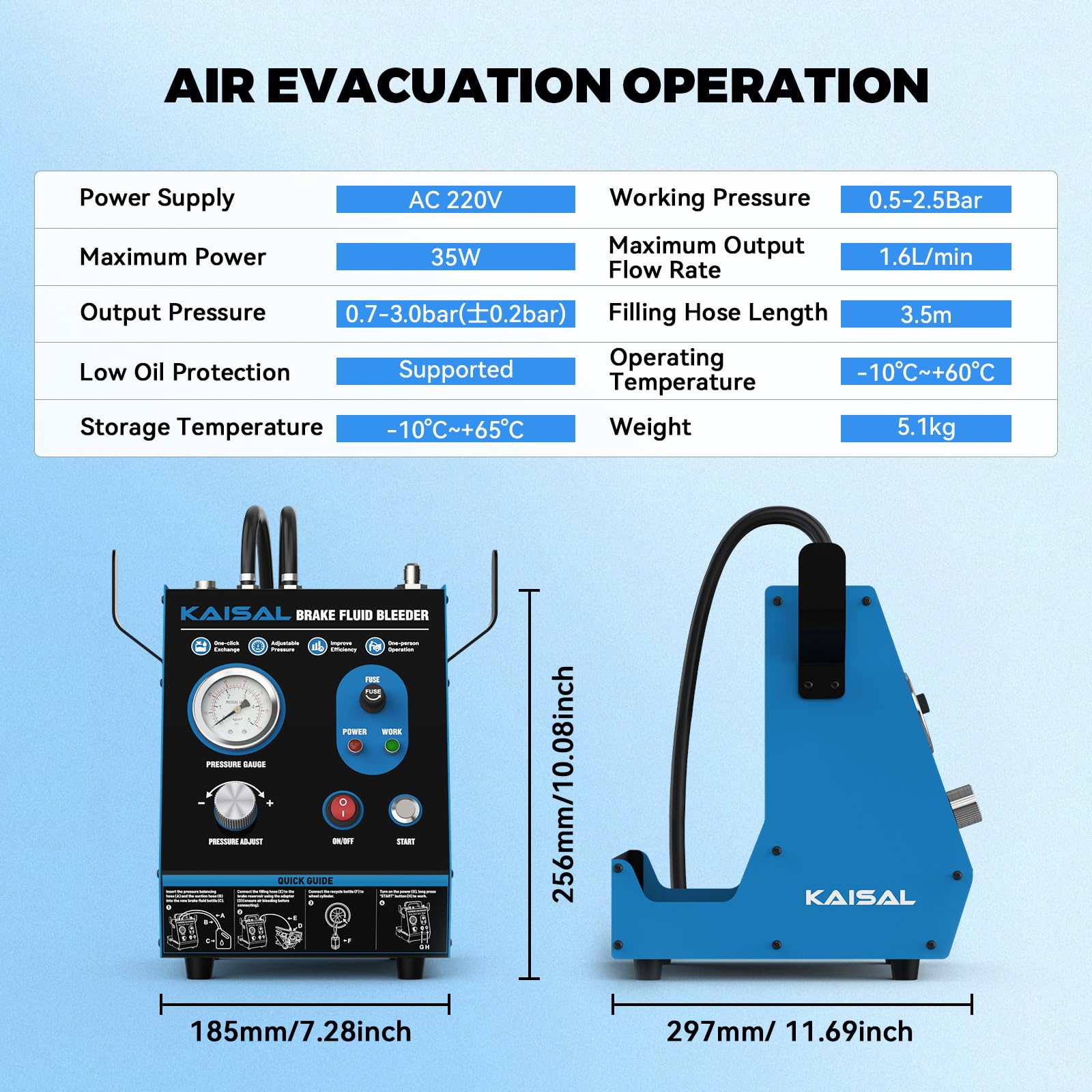 KAISAL Purgador de Frenos Eléctrico, 220V Pulso Brake Bleeder Kit, Máquina Automatizadas para Cambio de Líquido de Frenos de Coche, Protección contra Baja Presión de Aceite, 3 Adaptadores