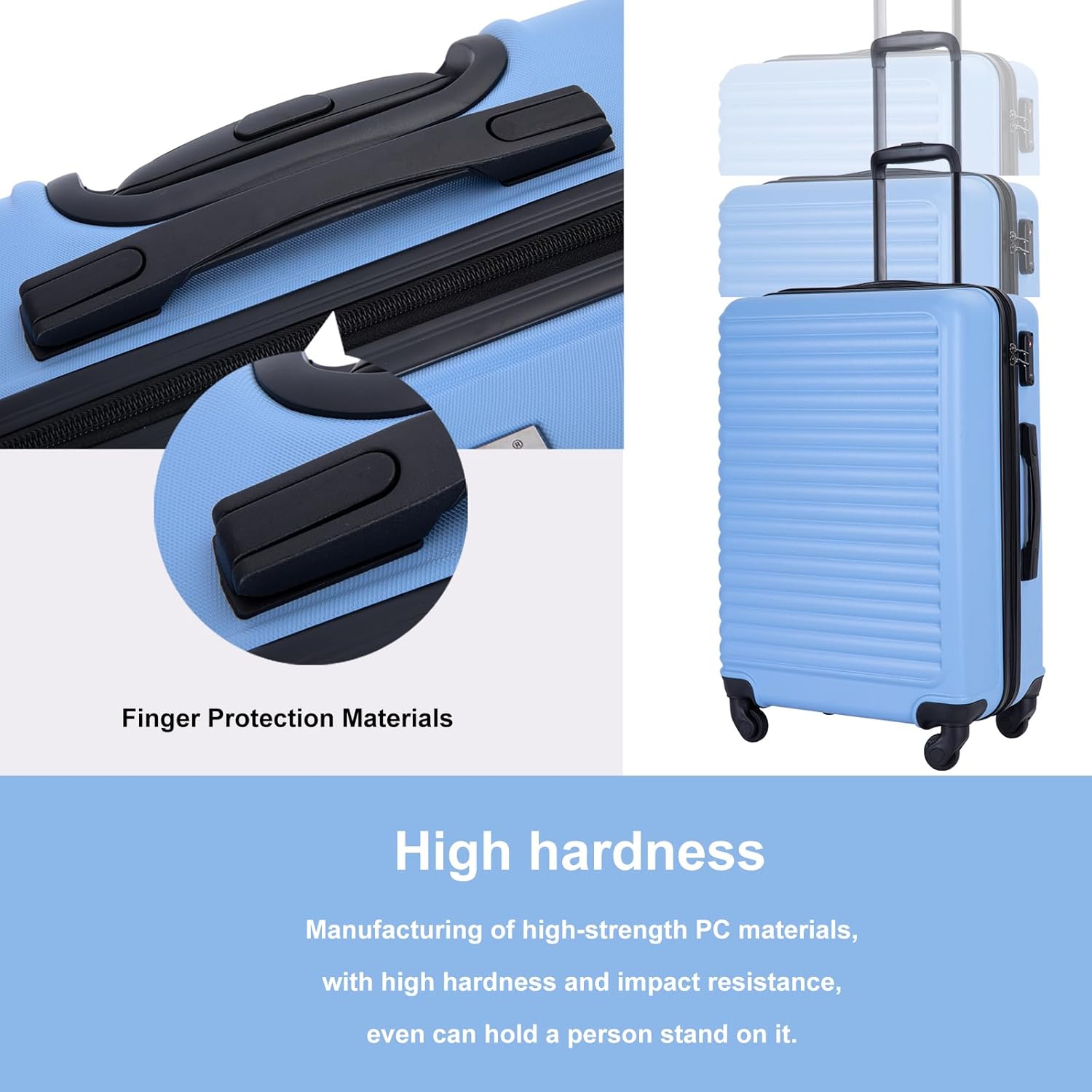 Tripcomp Luggage Sets 3piece Set Hardshell Luggage with Spinner Wheels, TSA Lock, Travel Suitcase Sets, 20 Inch Carry On, 24 Inch Mid-size, 28 Inch Large siutcase (Light Blue)