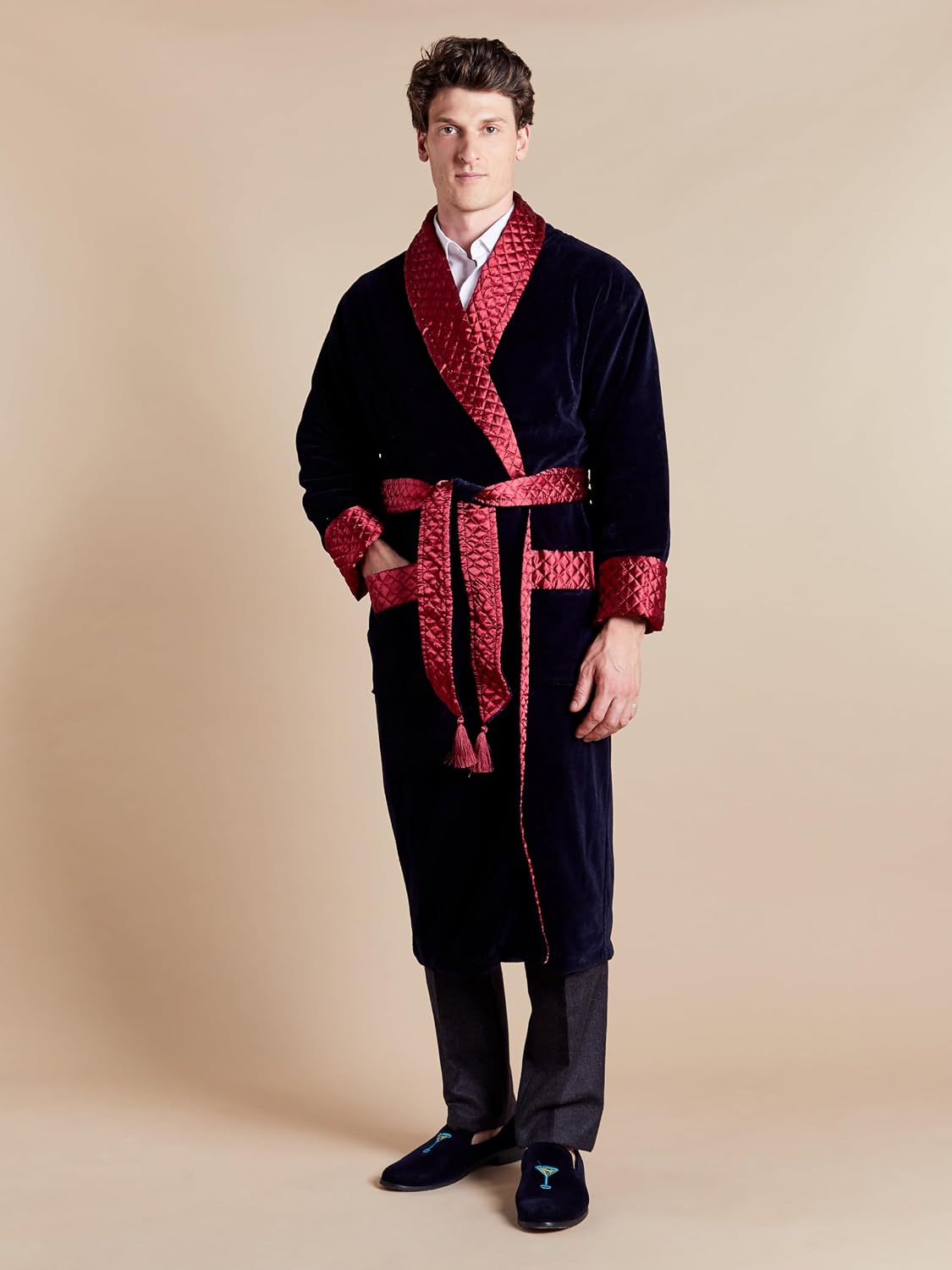 Bown of London Mayfair Long Velvet Navy Smoking Jacket- Burgundy Piping (2XL)