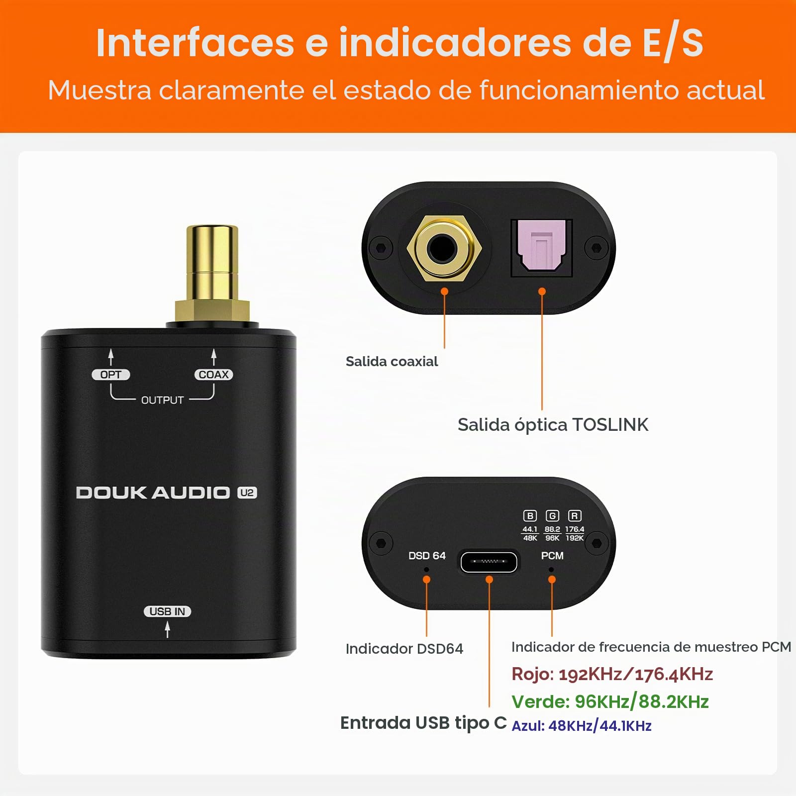 Douk Audio U2 - Convertidor USB XMOS XU208 Interfaz Digital TOSLINK Coaxial DOP SPDIF Adaptador DSD64 PCM192Khz (Negro)
