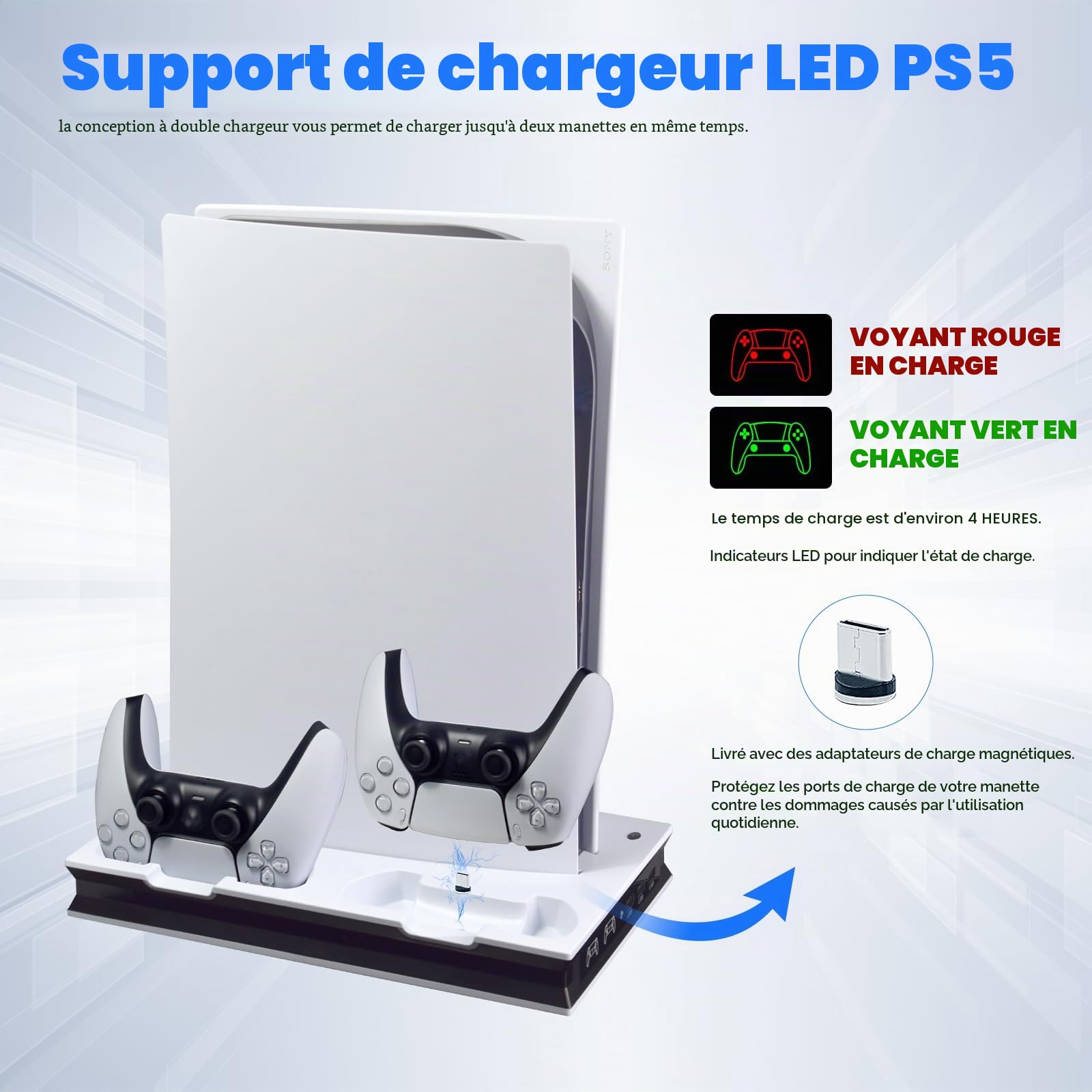 Station de Charge de Refroidissement PS5 avec lumières LED et Ventilateurs, Support de Charge Rapide avec Double contrôleur de Charge pour PS5 UHD/édition numérique Sans Fil, Apple iPhone SE