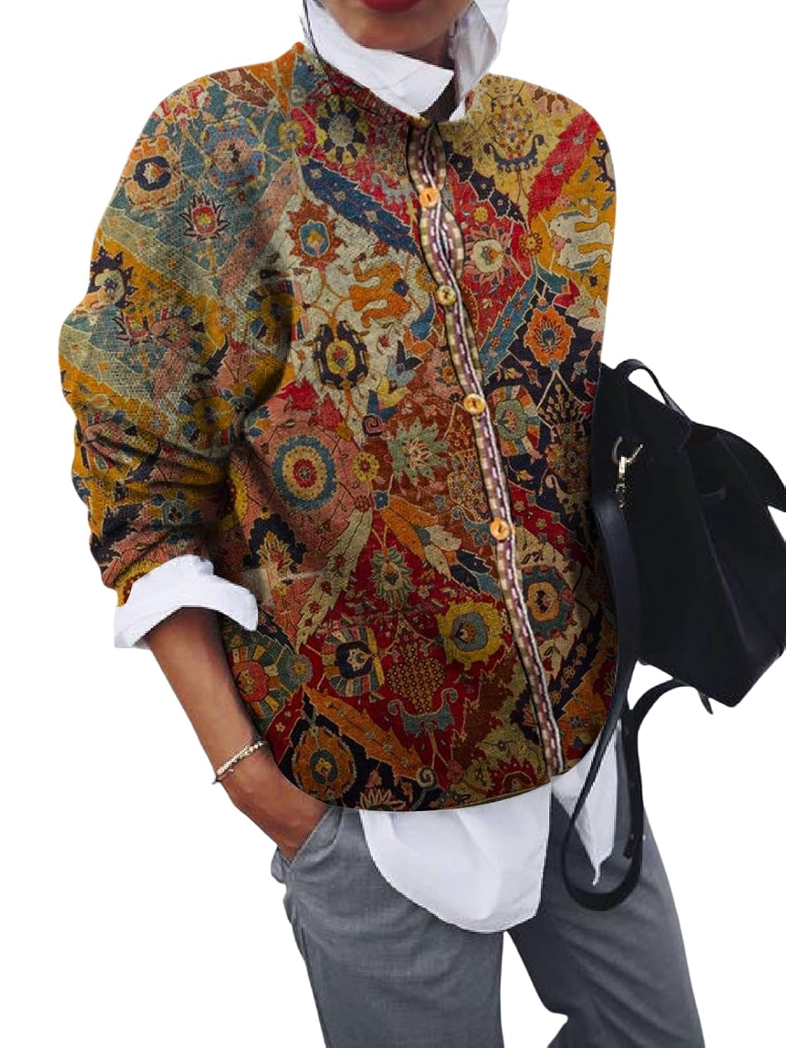 Womens Plus Size Boho Vintage Cardigan Sweaters Button Up Crewneck Long Sleeve Knitted Jacket Casual Warm Outerwear for