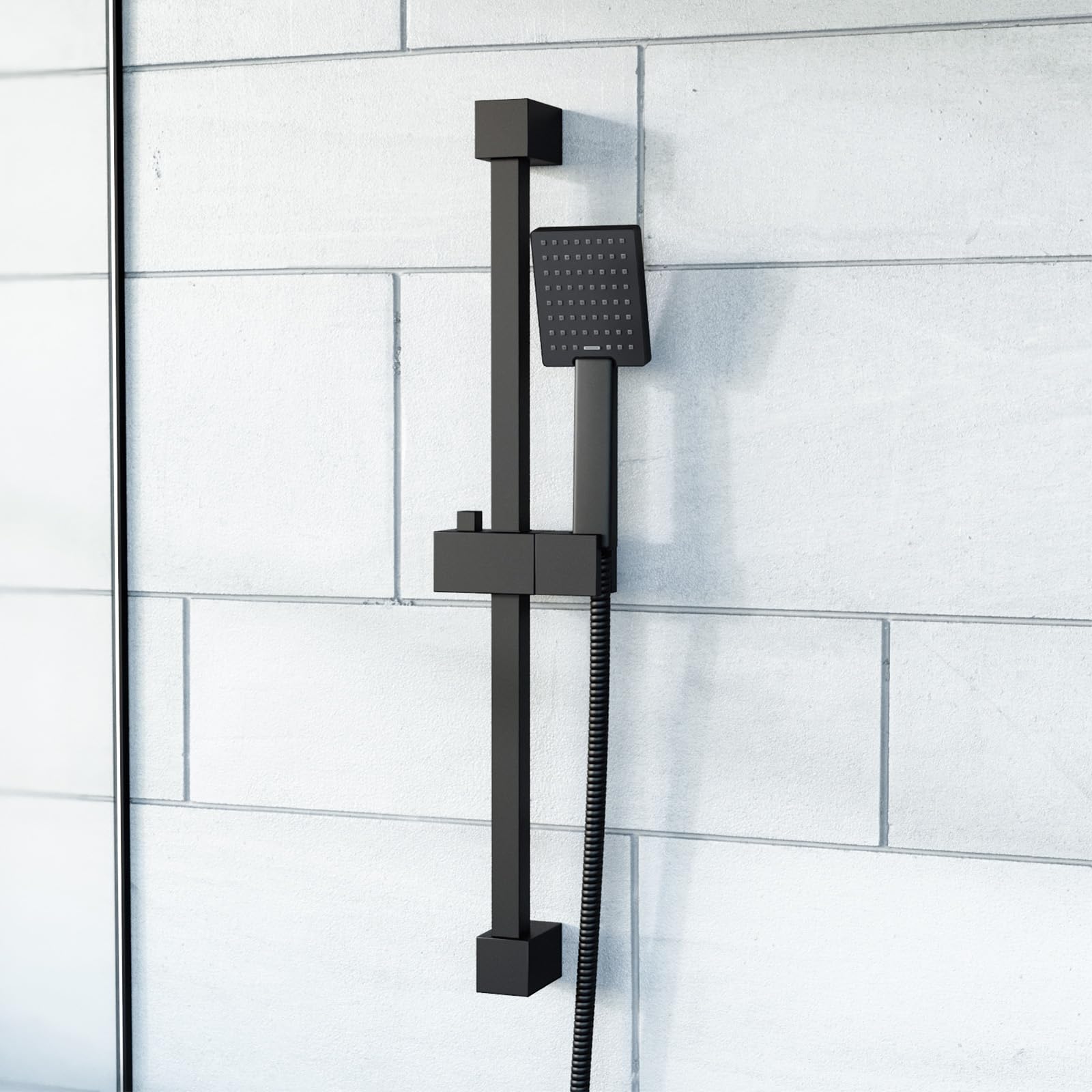 Nes Home Matte Black Square Shower Handset And Hose With Slider Riser Rail Bracket