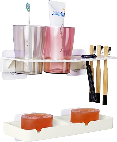 Belle Vous Soporte Cepillo de Dientes y Jabonera Baño de Pared - Set Adhesivo Po