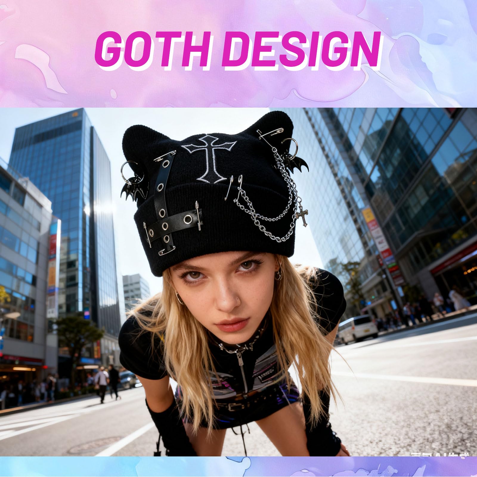 Czapka typu beanie z kocim wzorem, akcesorium do czapki Goth Punk z kocimi uszami dla kobiet, czapka beanie w stylu Y2k Grunge Gothic z dzianiny, czapka damska z łańcuchem, na festiwale