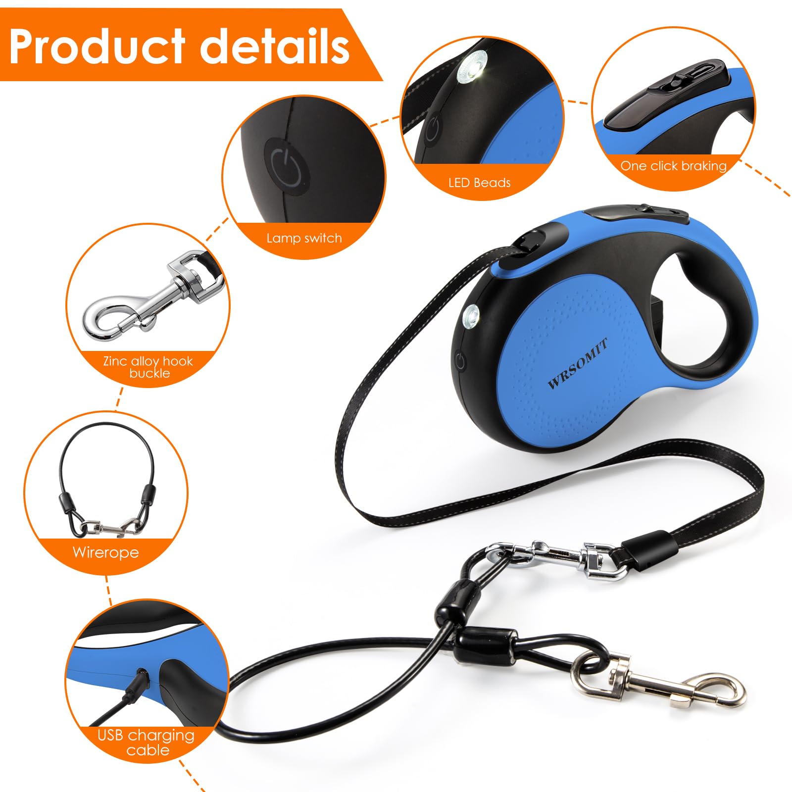 Laisse rétractable pour chien avec câble anti-mastication et lampe de poche LED, 4,8 m – Laisse robuste pour chiens de petite, moyenne et grande taille pesant jusqu'à 50 kg, sans