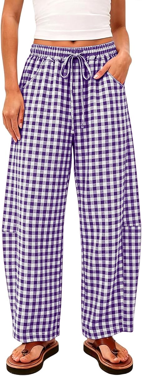 Pantalones de cuadros para mujer, pijamas a cuadros, cintura elástica, pantalones casuales de verano, pantalones de pierna ancha, pantalones de otoño con bolsillos