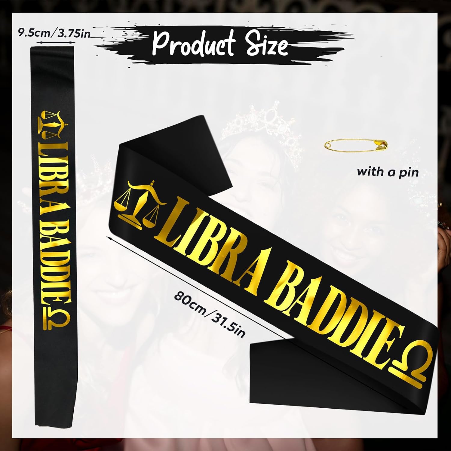Libra Baddie Sash for September/October Birthday Party - Black Glitter Foil Libra Constellation Zodiac Party Decorations, Astrology Theme Bday Supplies for Women & Girls（Black Gold） image 3
