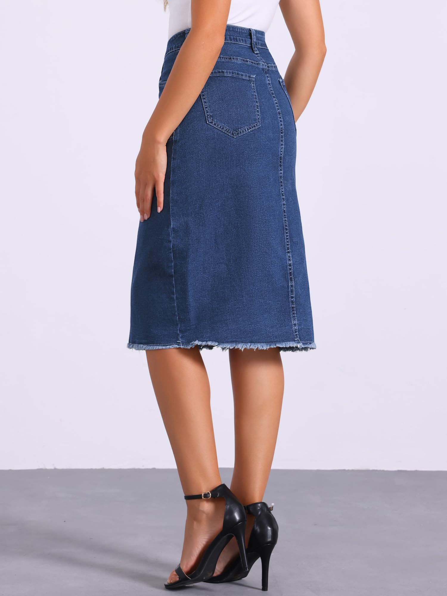 Allegra K Femme Jupe Jean Midi Taille Haute avec Poches | Boutonnée devant Ourlet Effiloché Silhouette Polyvalente pour le Quotidien Sorties Plage Week End