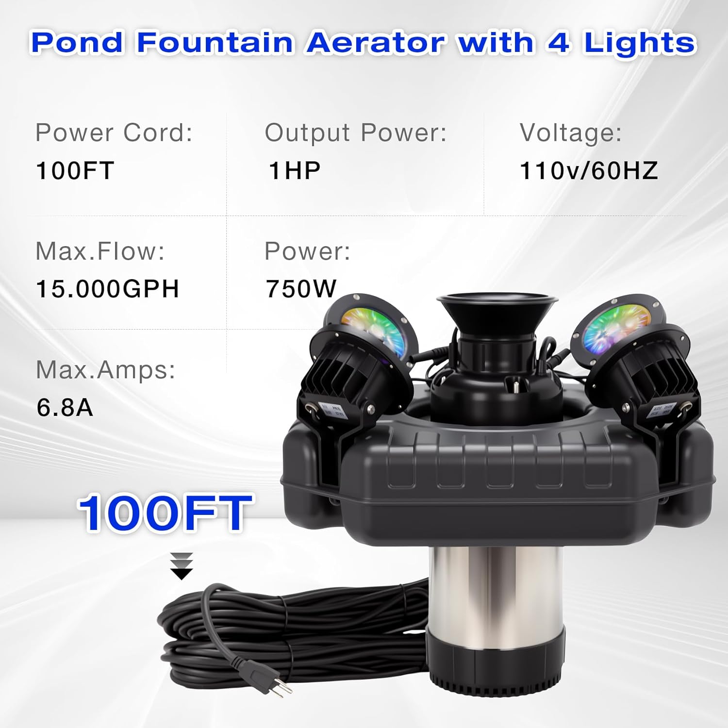 Stainless Steel Pond Fountain Aerator with 4 RGB Lights, Adjustable Light Color, Metal Floating Fountain Pump with 100FT Power Cord and Programmable Timer for Outdoor Large Ponds & Lakes