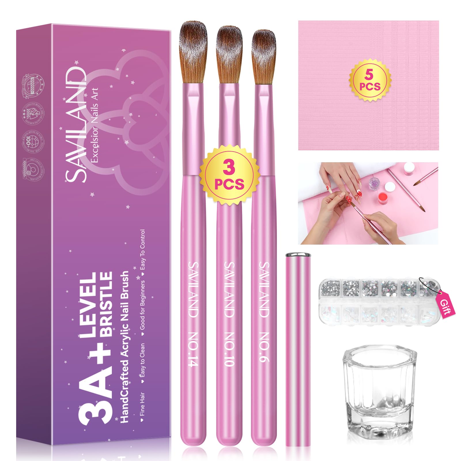 Saviland Acrylic Nail Brush for Beginners: 3PCS Acrylic Nail Brushes Set Size 14 10 6 Nails Brushes for Acrylics Application Pink Handle Acrylics Powder Brush Nails Art Kit