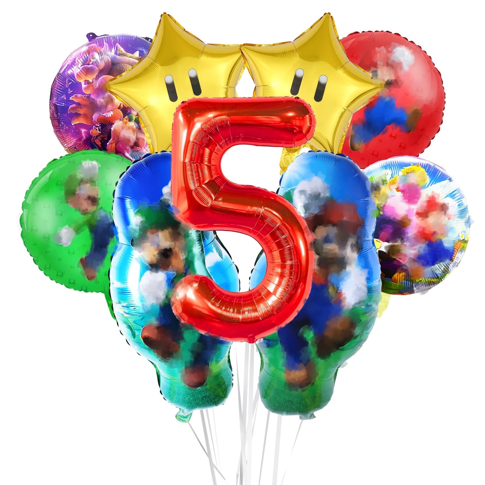 9pcs Colorful Foil Balloons - Cartoon Character & Shapes, 5th Birthday Party Decorations Supplies for Kids, Unisex
