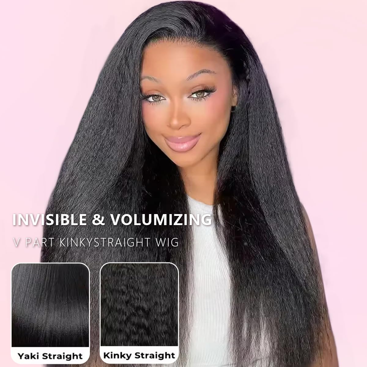 V Part Wig Human Hair Kinky Straight Human Hair Wig Upgrade Glueless U Part Human Hair Wig with Drawstring Half Wigs for Women No Leave Out No Sew In 200% Density Natural Black Color 22 Inch