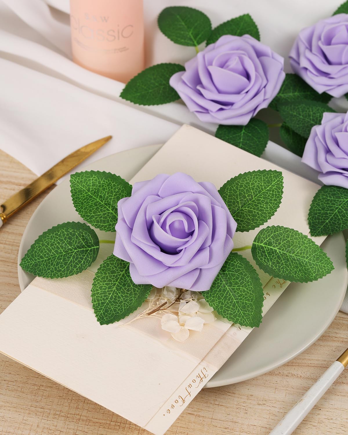 LEUCHTAMOR 25Pcs Artificial Roses Flowers Lilac Foam Roses Real Touch Fake Rose Heads for DIY Flower Garland Baby Shower Wedding Bridal Bouquets Table Floral Arrangement Party Home Decoration - Image 4