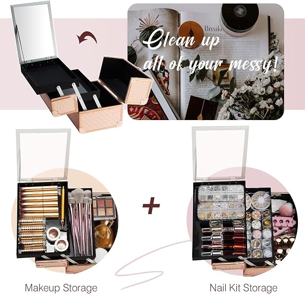 Mallette Maquillage Vanité Malette Valise Maquillage Rangement avec Le Miroir Bijoux Boîte de Cosmétiques Organisateur Beauté Cas de Voyage Aluminium Coffrets à Onglerie Professionnel Femme, Or Rosé - 3