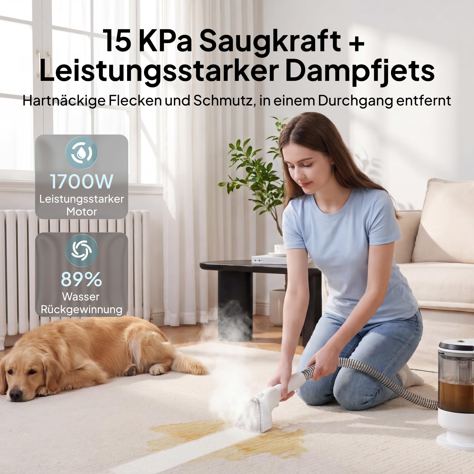 Livatro Polsterreiniger Gerät Nasssauger Waschsauger, 15 KPa Nasssauger Polsterreiniger, 1,6 L Wassertank, Kompakter Dampfreiniger Polstermöbel, Selbstreinigung, für Teppiche, Sofa, Vorhänge, Auto