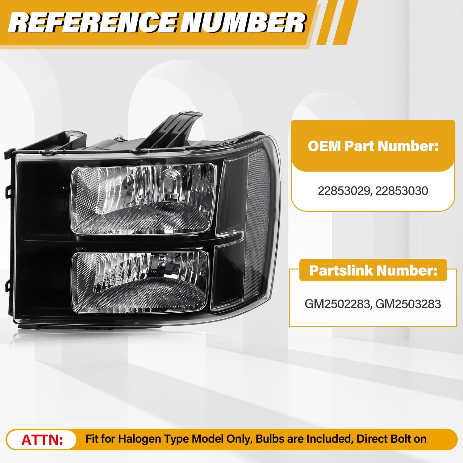 Headlight Assembly Compatible with GMC Sierra 2007-2013 Halogen Head lamp, OE-Style Headlamp Replacement for 22853029 22853030 GM2502283 GM2503283, Bulbs Included, Black Housing White Reflector