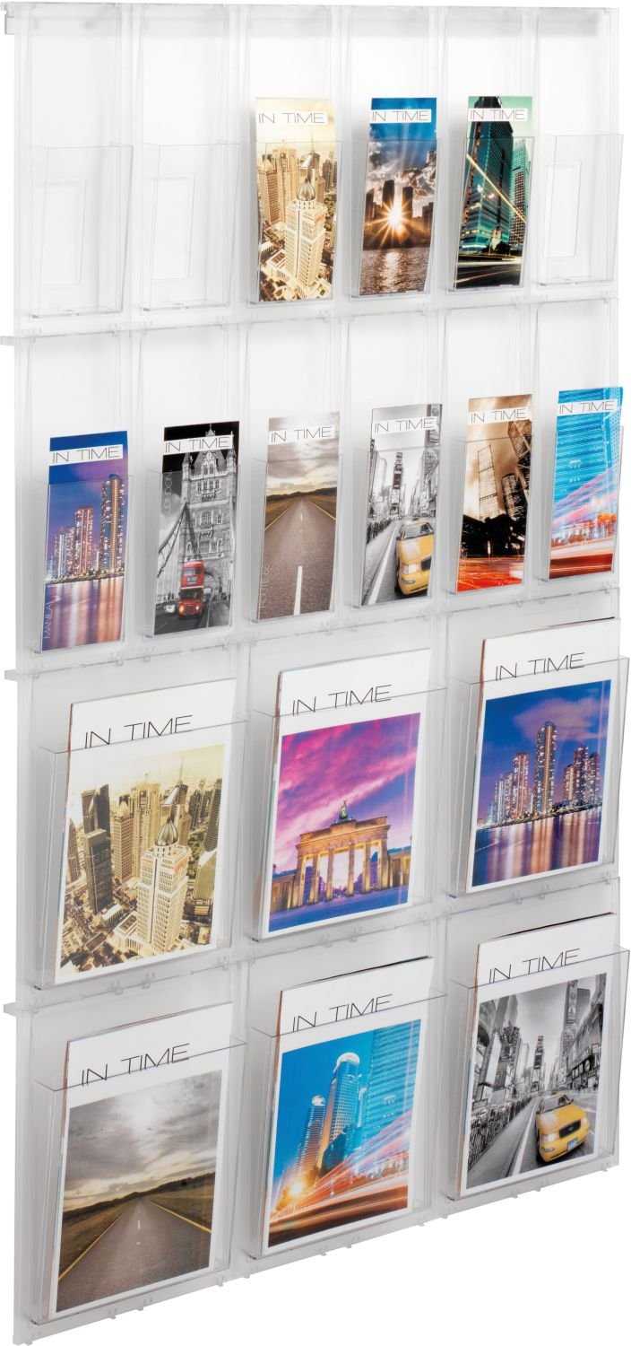 helit H6812302 - Wanddisplay „the placativ“ 6/12 x DIN A4 / 1/3 DIN A4, glasklar | 6 DIN A4 und 12 DIN A4 Drittel Taschen, glasklar