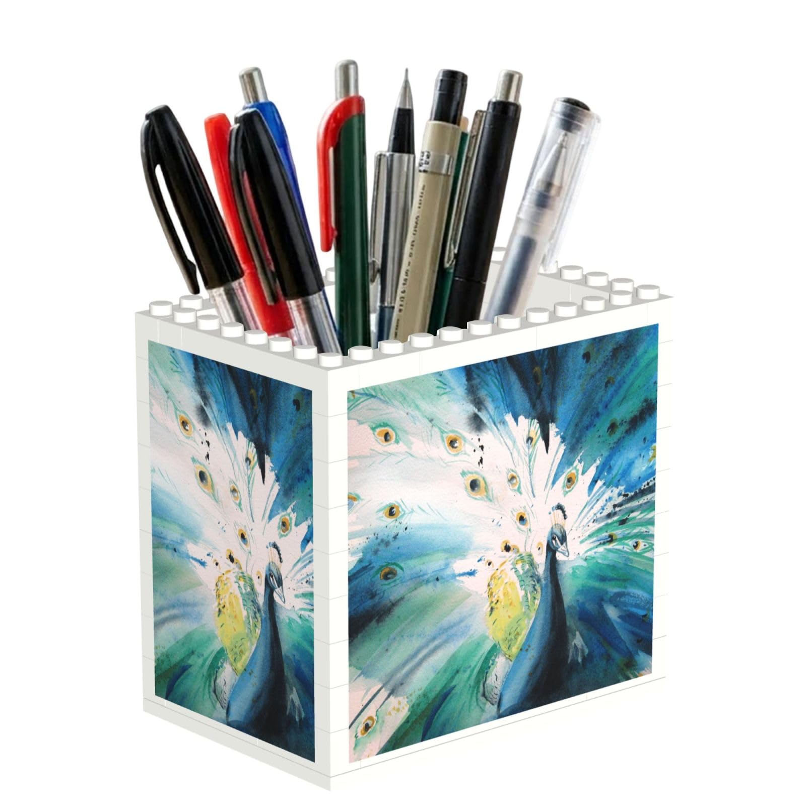 SATUSA Cute Peacock Print Building Block Texture Pen Holder - Pencil Holder For Desk Pen Organizer,Aesthetic Desk Accessories For Women(1pcs)