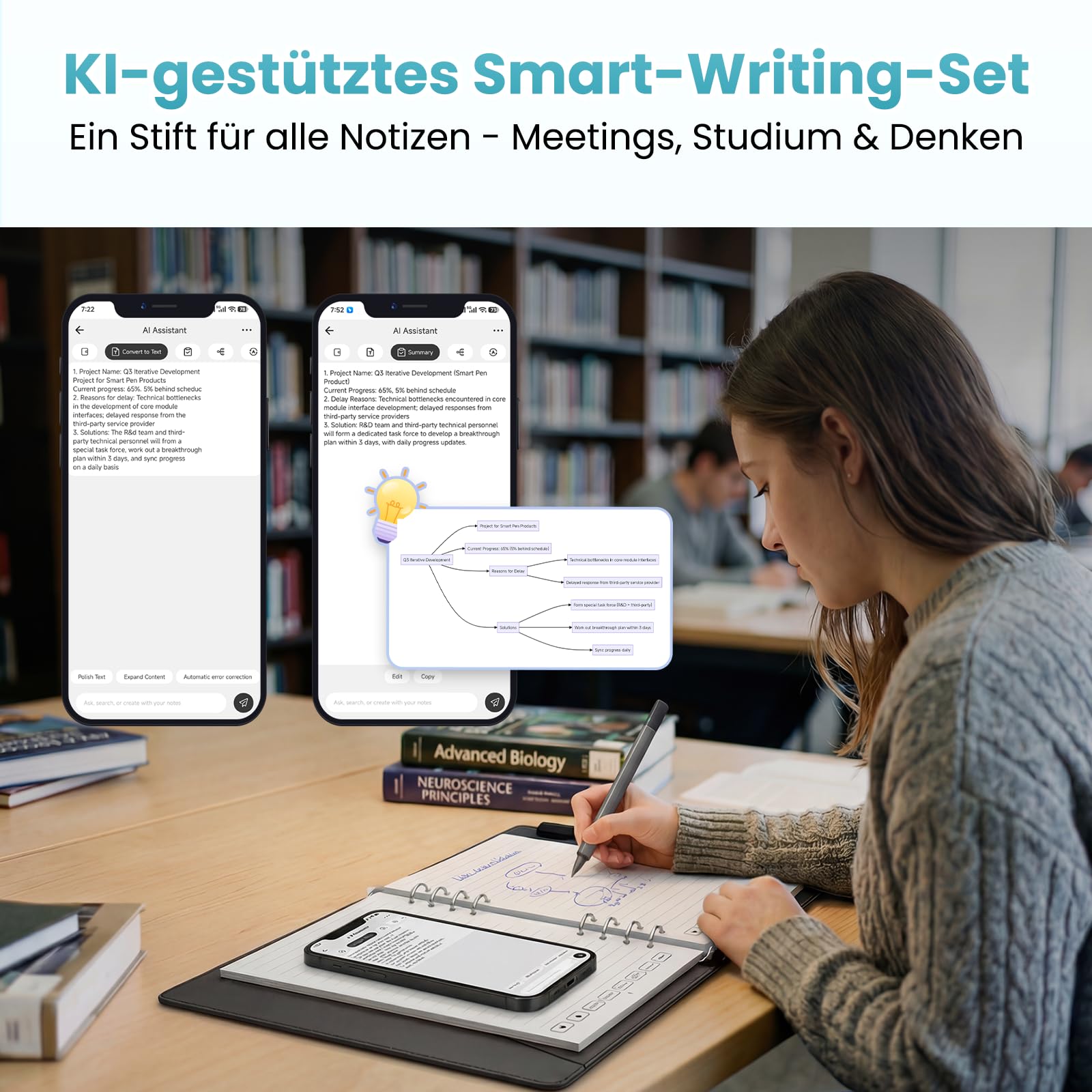 KI Smart Writing Set, Erkennt 73 Sprachen, Audio zu Text, Chat mit Notizen | Intelligenter Stift für Büro, mit Wiederverwendbares Notizbuch und LCD Schreibpad,für Büro, Meeting & Geschäftsleute, Schwarz