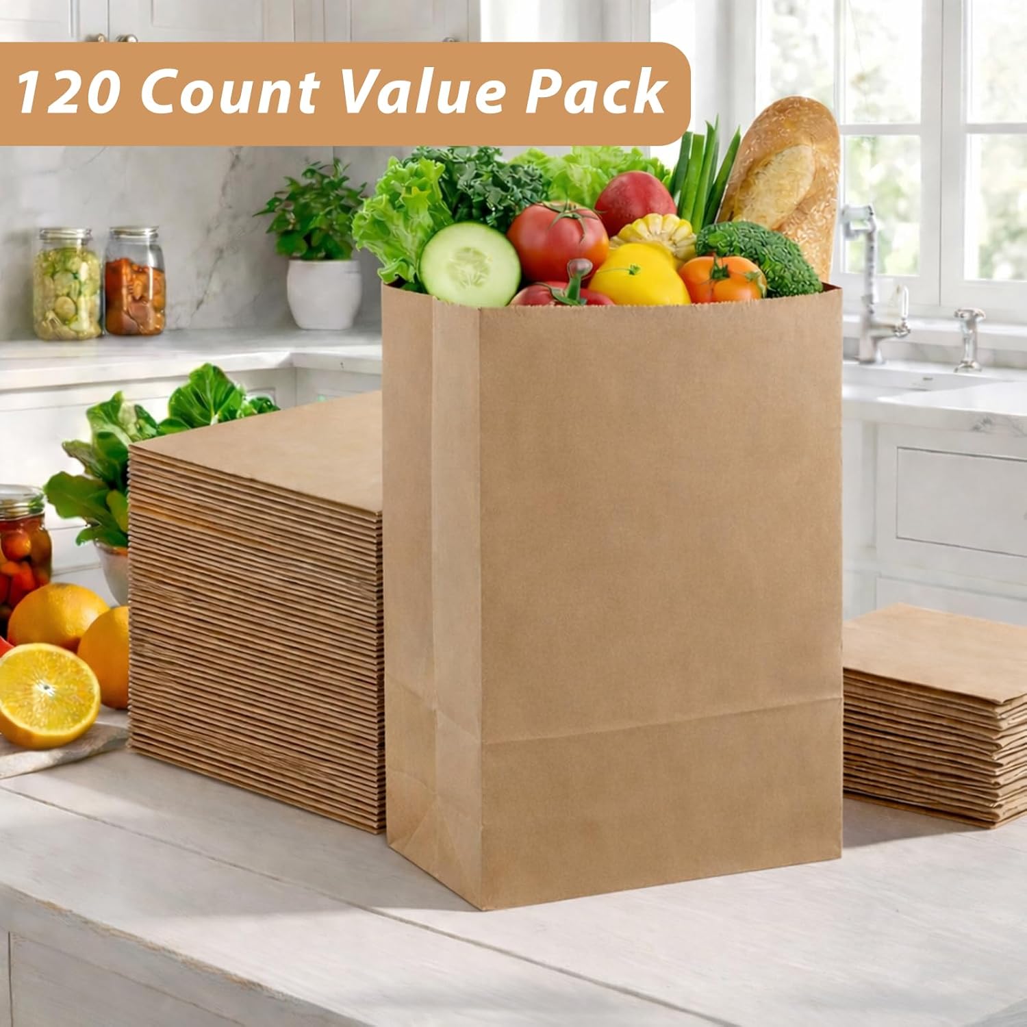 120 Pcs Brown Paper Grocery Bags 12 x 7 x 17 Inches - Large Heavy Duty 57 Lb Kraft Paper Sacks, Eco-Friendly for Storage, Shopping, Takeout | 57 Lb