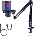 FEELWORLD VM1 Jeu blanc PC USB Microphone Condenser Mic avec Mute d'annulation de bruit RGB Lumière, Accessoires informatiques Cadeaux pour Gamer YouTube Twitch Podcast Streaming Enregistrement Chat en ligne PS4 PS5