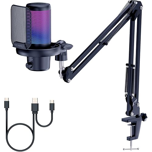 FEELWORLD VM1 Gaming PC USB Microphone Condenser Mic with Noise Cancellation Mute RGB Light, Computer Accessories Gifts for Gamer YouTube Twitch Podcast Streaming Recording Online Chat PS4 PS5