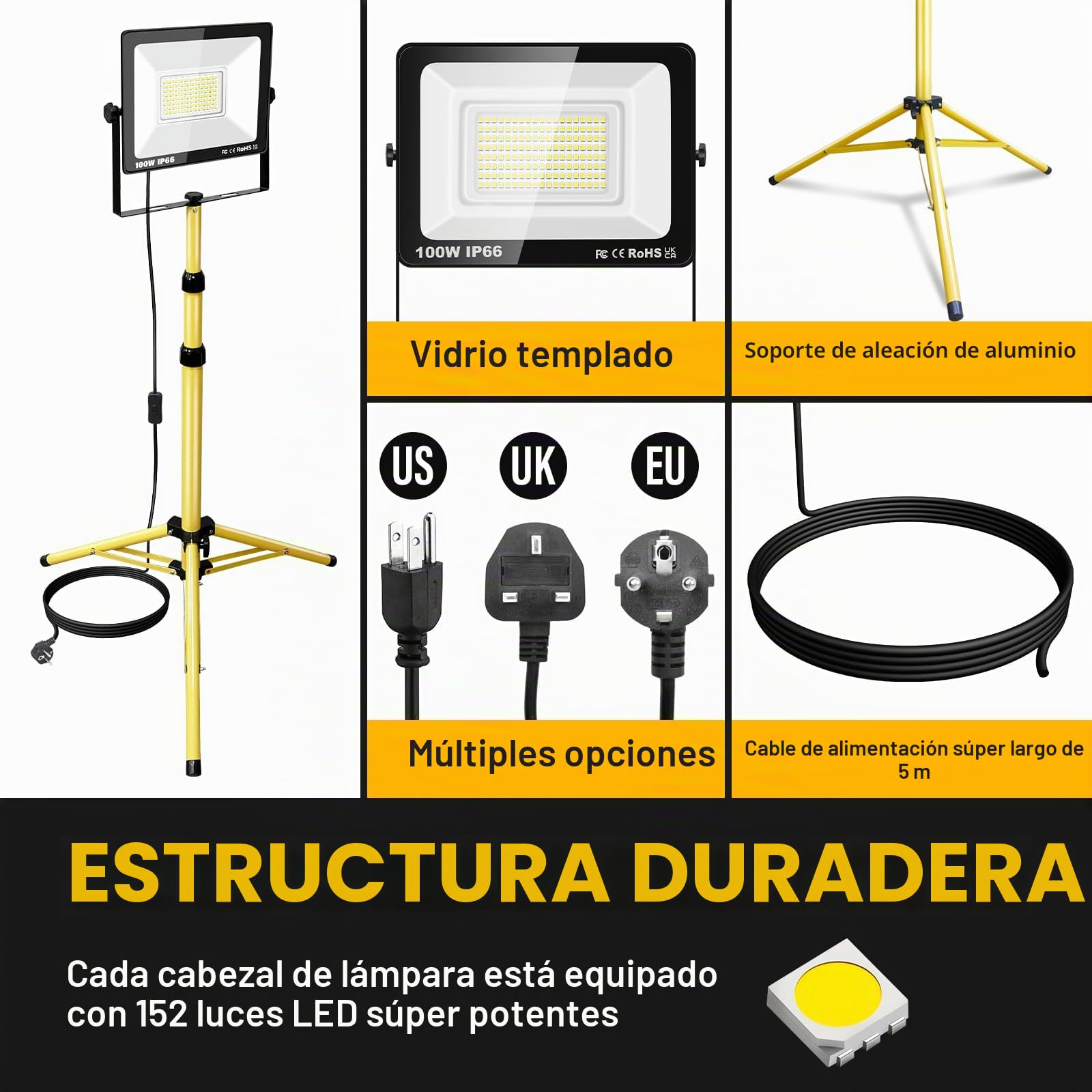 RIGIDON 100W 10000lm foco led trípode telescópico, luz de trabajo portátil | cable de 5 metros, altura ajustable de 102 a 193 cm, proyector led, para taller mecanico obra de construcción garaje jardín