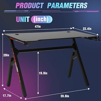Gaming Desk 47 Inch, Ergonomic Gamer Computer Desk with Mouse Pad, K Shaped PC Gaming Tables with Cup Holder Headphone Hook,Red