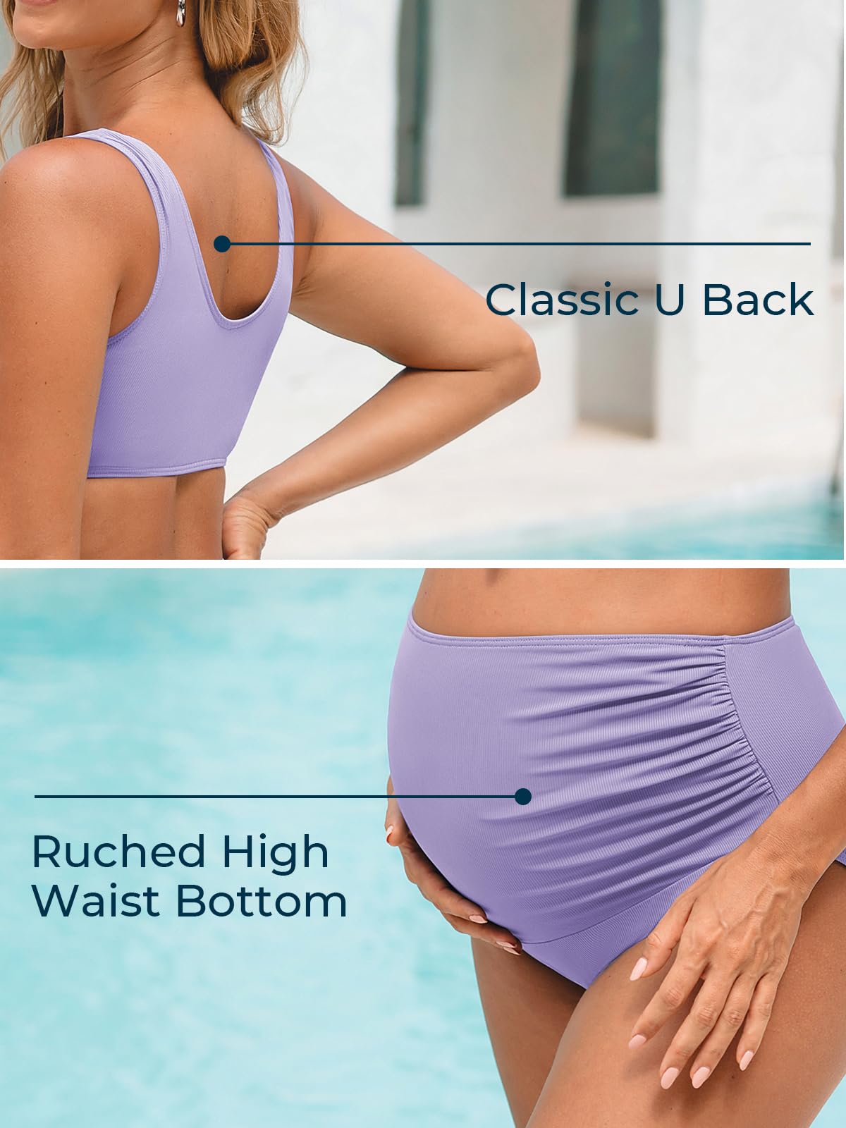 Summer Mae Schwangerschafts-Badeanzug, gerippt, zweiteilig, vorne mit Knoten, bauchfreies Top, Bikini, hohe Taille, Schwangerschafts-Badeanzug