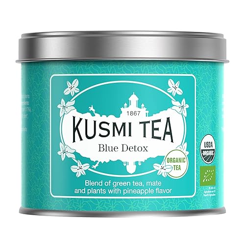 Kusmi Tea Blue Detox - Lata de té suelto de 3.5 onzas, mezcla orgánica de hierbas con sabor a té verde, mate y piña