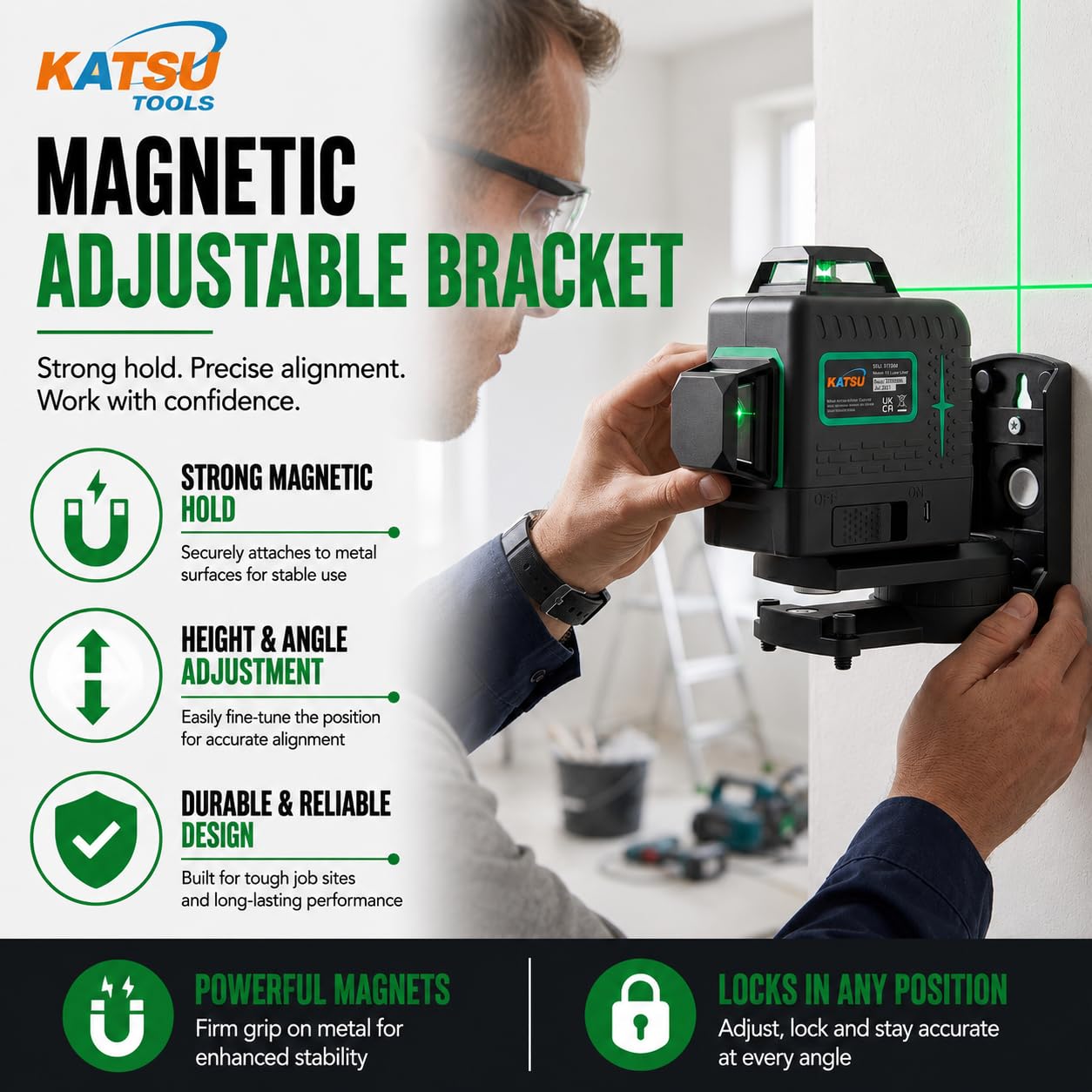 KATSU Niveau Laser 3D 12 Lignes, 3x360 Degrés Ligne Croix Verte Horizontale Verticale Auto-nivelant Carrelage de Sol Outil Laser avec Mode Impulsion pour Intérieur et Extérieur, 2X Piles Incluses
