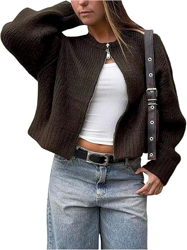 MakeMeChic Women's Open Front Long Sleeve Fall Cardigan Sweaters Crew Neck Zip U