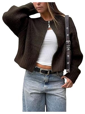 MakeMeChic Womens Open Front Long Sleeve Fall Cardigan Sweaters Crew Neck Zip Up Knitted Outerwear