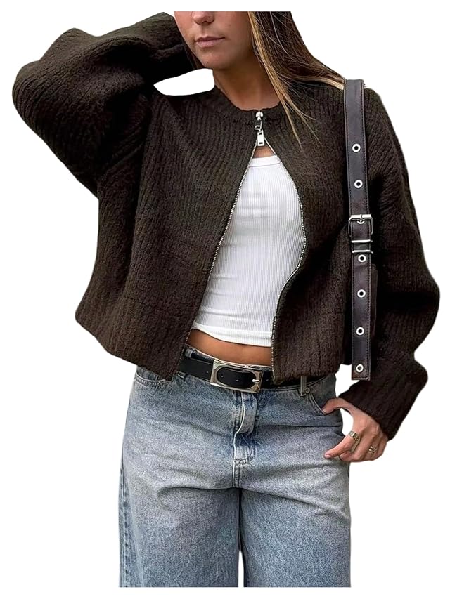 MakeMeChic Womens Open Front Long Sleeve Fall Cardigan Sweaters Crew Neck Zip Up Knitted Outerwear