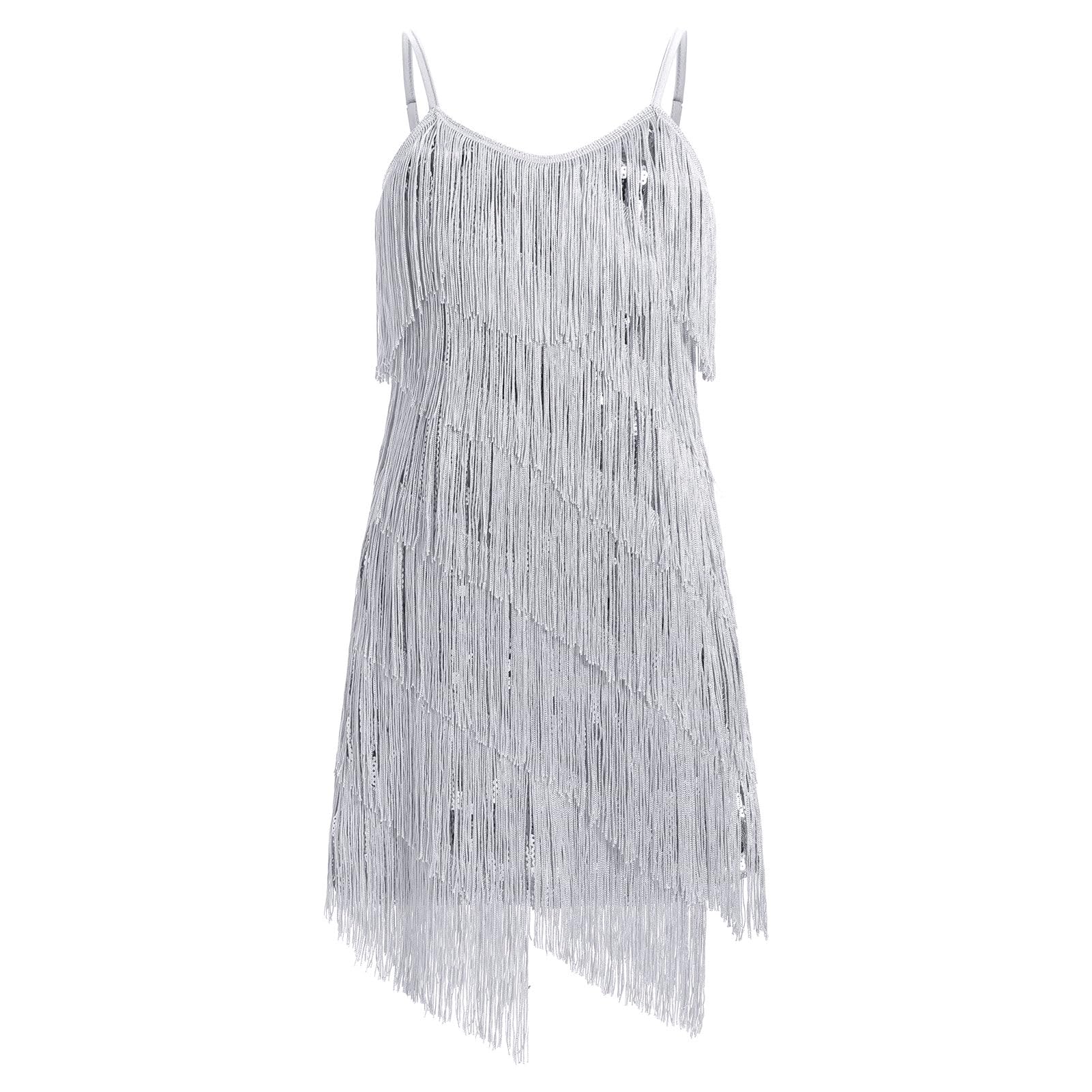 Abito da bambina con nappe latine scintillanti, senza maniche, vintage, con frange, a strati, per feste da ballo, Cha Cha, jazz, tango, balletto, danza anni '20, vestito da performance