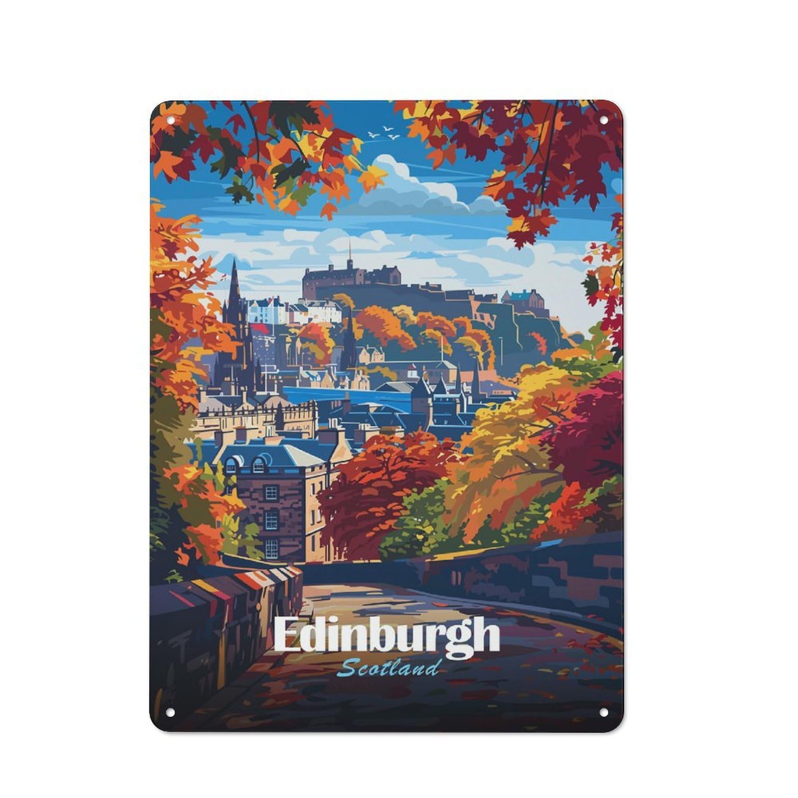 Junmoney Style-5 Edinburgh Scotland Autumn Landscape Vintage Metal Wall Decor 40X30cm, Garden Room Metal Sign For Patio Bar, Workshop, Shed Or Kitchen