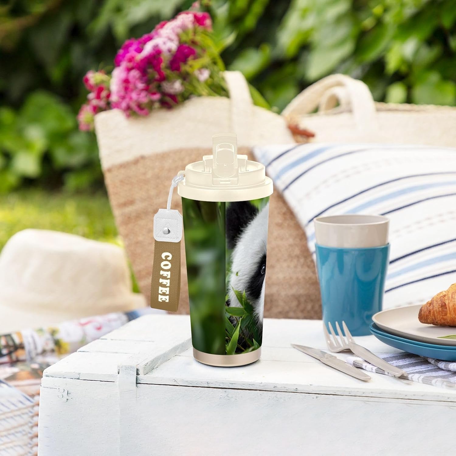 Panda Wild Insulated Coffee Mug with Straw & Flip Lid, 16.9oz Iced Tumbler Cup, Double Wall Vacuum Mug for Travel Office