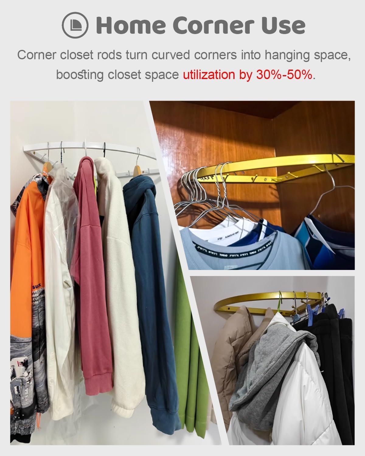 Corner Wardrobe Closet Bracket for Room, Corner 90 Degree Support Bracket for Round Closet Rods, Nursery Organization Clothes Holders Rack(White,40cm(15.7"))