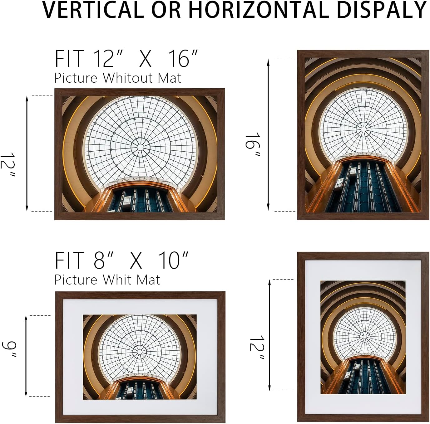 12x16 Picture Frame Set of 3, Photo Frame Display 9x12 Pictures with Mat or 12x16 without Mat, Hang on the Wall, Brown