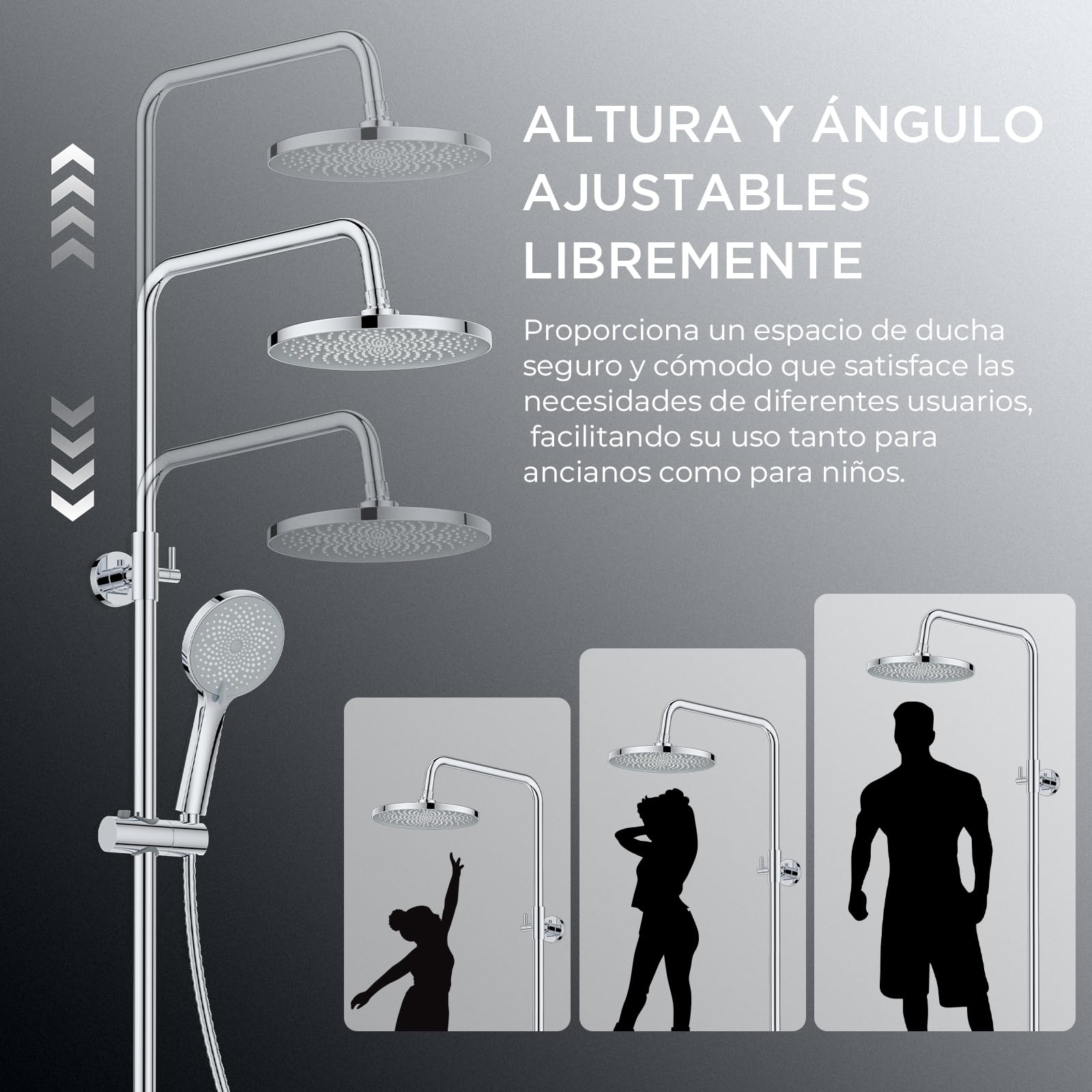 FORIOUS Set Grifo de Ducha Termostático, Set Columna de Ducha de Acero Inoxidable con Barra de Ducha Ajustable en Altura, Ducha de Lluvia Redonda de 25 cm, Ducha de Mano con 3 Tipos de Chorro