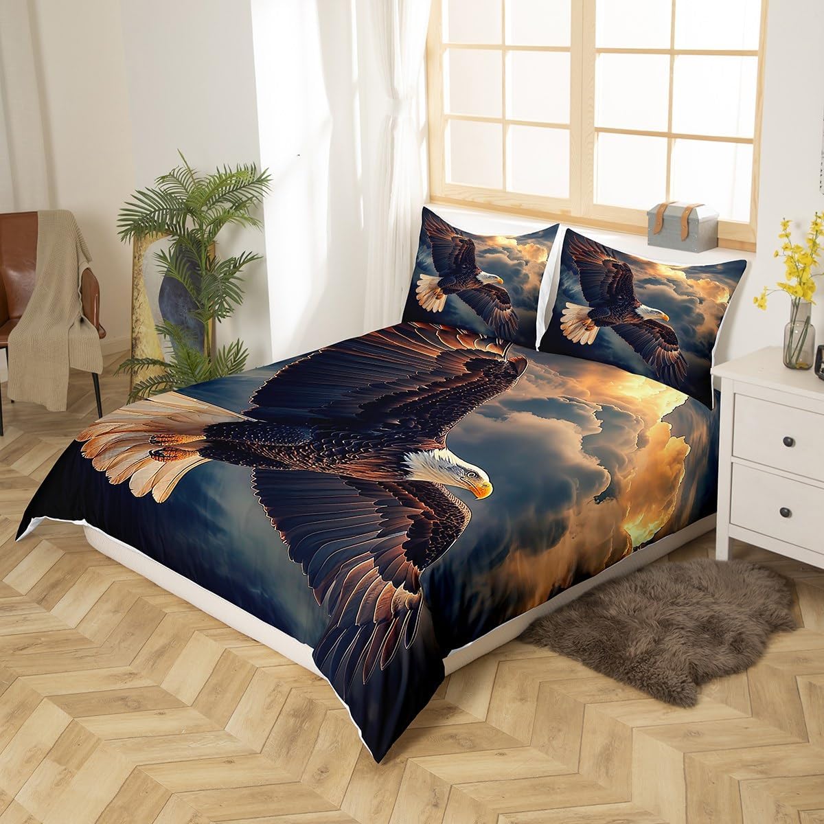 Manfei Flying Eagle Duvet Cover King Size,Wild Nature Animal Comforter Cover(No Filler) with 2 Pillowcases Bedspread,Nature Clouds Sky Sunshine Print Microfiber Quilt Cover for Adult Women,3 Pcs
