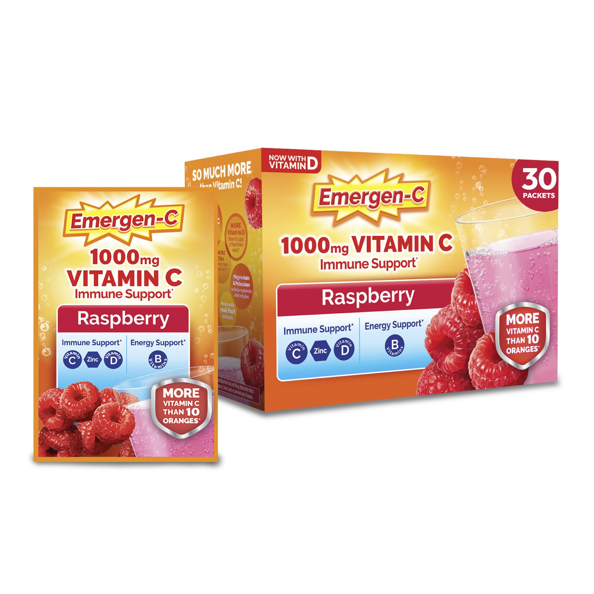 Emergen-C Vitamin C 1000mg Immune Support Powder, Raspberry, 30 Packets Raspberry 0.32 Ounce (Pack of 30)