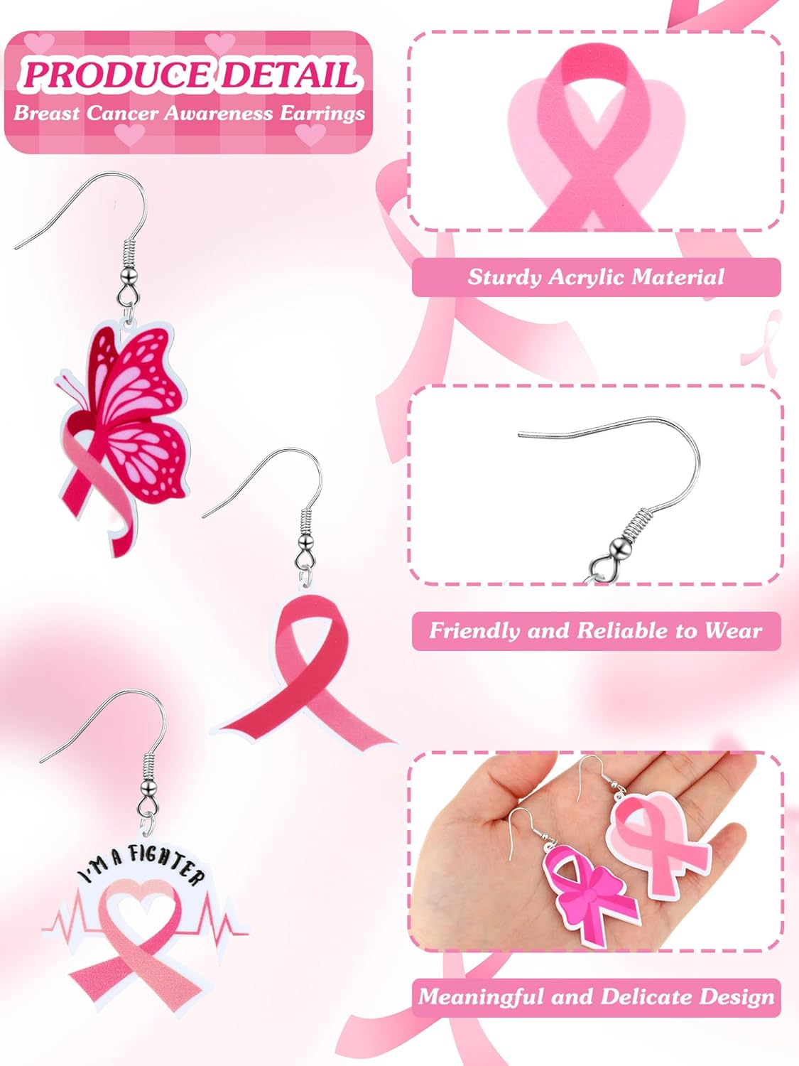 Ecally 20 Pairs Breast Cancer Awareness Earrings Pink Ribbon Acrylic Lightweight Handmade Pink Earrings for Women Breast Cancer Holiday Accessories - Image 2